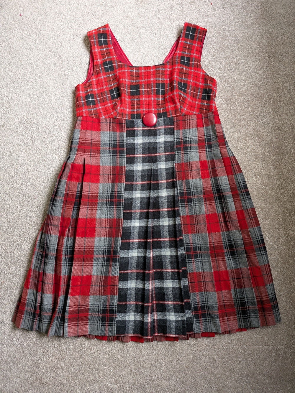 Womens Red And Grey Plaid Pinafore Dress with Button Detail